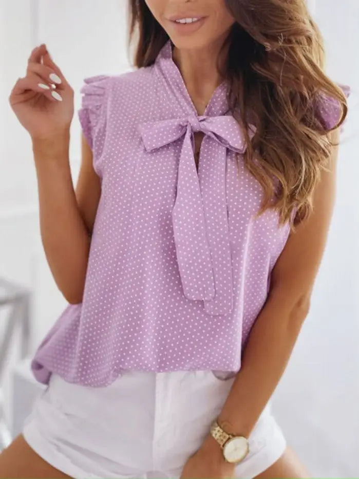 Sommerbluse mit Polka-Dots & Schleife – Elegante ärmellose Rüschen-Tunika